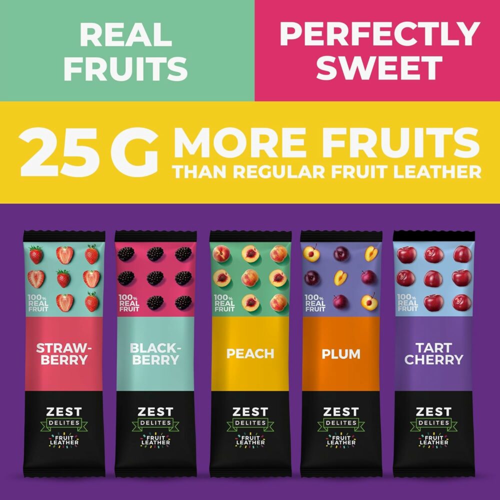 【Flash Sale】Fruit Snacks by Zest Delites, Dried Fruit Leather Bars, Healthy Snacks for Adults, Vegan, Healthy Sweets, Apple-Based Blackberry, Strawberry, Peach, Tart Cherry, Plum, 25g x 50 - Image 6