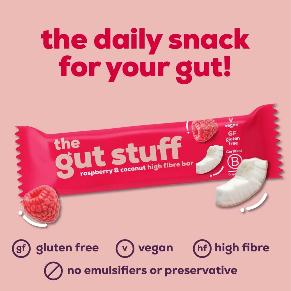 【Flash Sale】The Gut Stuff High Fibre Fruit & Nut Bars – Gut Friendly Snack, Gluten Free, Vegan, Low Calorie, All Natural - Raspberry & Coconut, 12 x 35g Box - Image 3