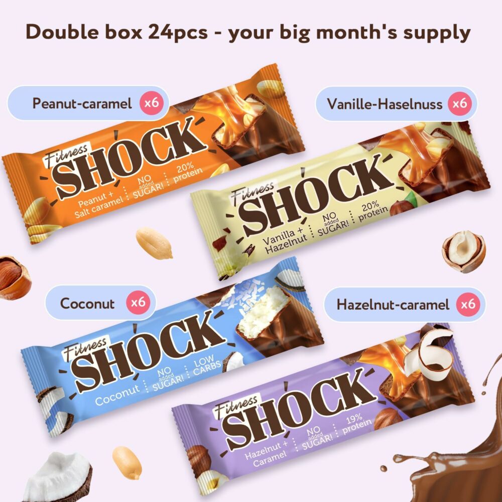 【Flash Sale】FitnesSHOCK Protein Bar Mix Box 24-Variety-Pack, No Added Sugar, High 20% Protein, Low Carb, Lower Calories, Rich in Fiber 24x50g - Image 2