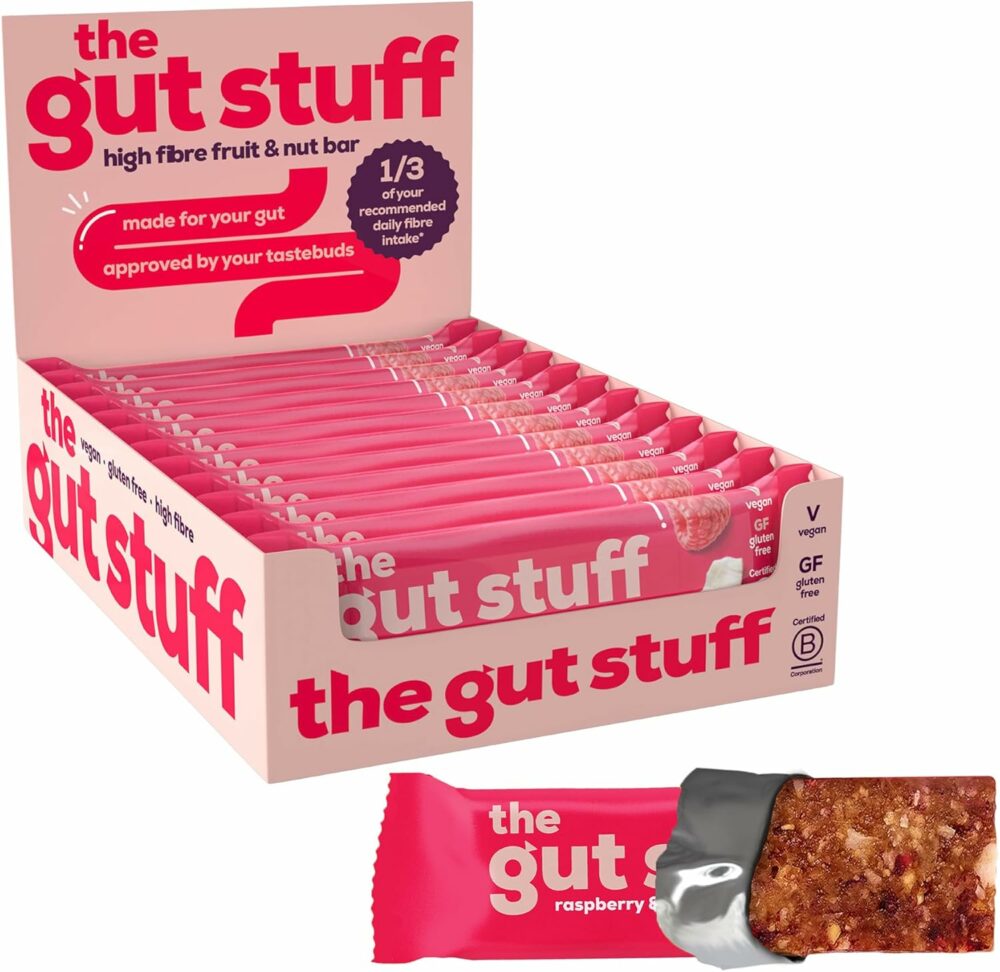 【Flash Sale】The Gut Stuff High Fibre Fruit & Nut Bars – Gut Friendly Snack, Gluten Free, Vegan, Low Calorie, All Natural - Raspberry & Coconut, 12 x 35g Box