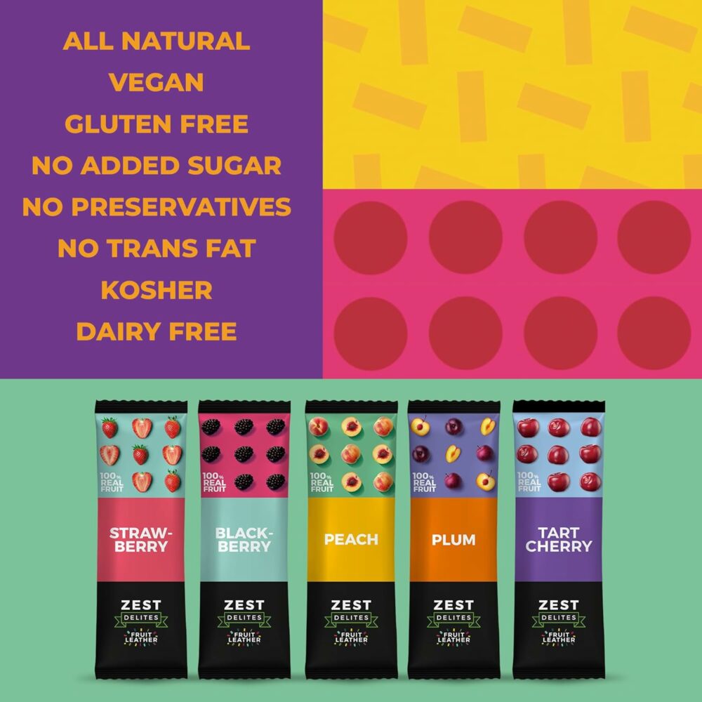 【Flash Sale】Fruit Snacks by Zest Delites, Dried Fruit Leather Bars, Healthy Snacks for Adults, Vegan, Healthy Sweets, Apple-Based Blackberry, Strawberry, Peach, Tart Cherry, Plum, 25g x 50 - Image 2