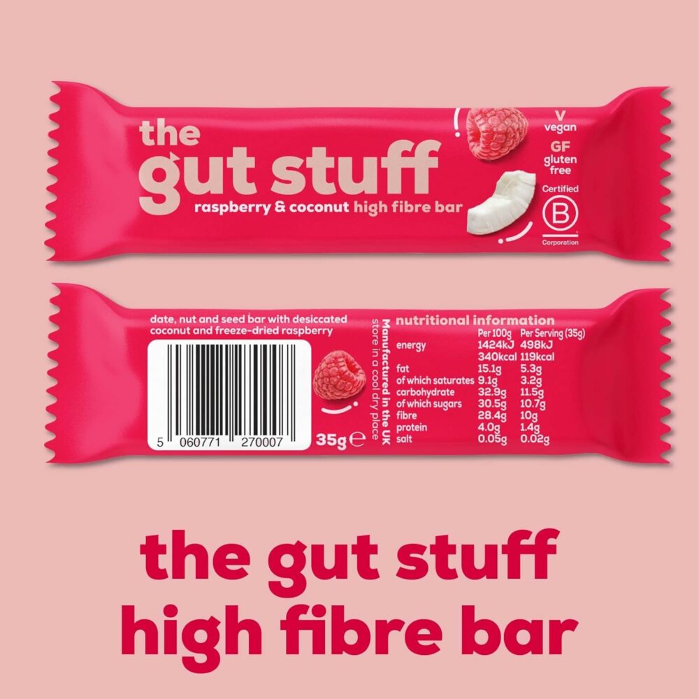 【Flash Sale】The Gut Stuff High Fibre Fruit & Nut Bars – Gut Friendly Snack, Gluten Free, Vegan, Low Calorie, All Natural - Raspberry & Coconut, 12 x 35g Box - Image 5