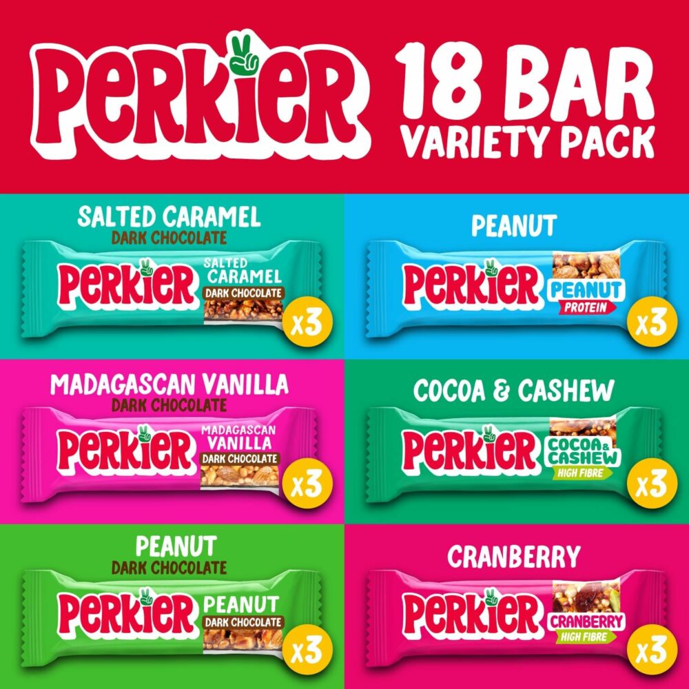 【Flash Sale】Perkier Variety Box (18 bars), Vegan, Gluten Free, Protein, Lower Sugar, Healthy Snacks for Adults, Low Calorie, Halal, Breakfast Bar, High Fibre, Nut, Cereal, Gut Health, Multipack, Plant Based - Image 2