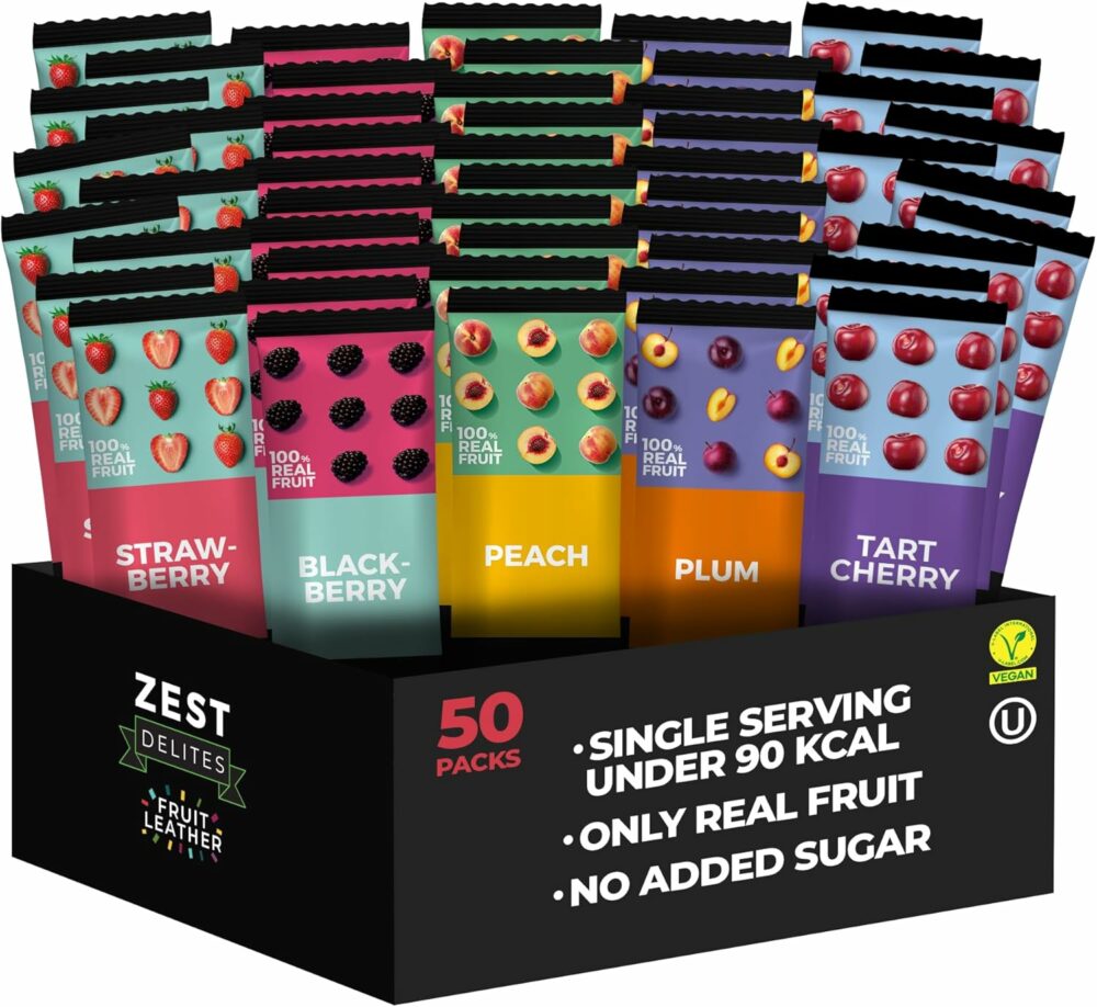 【Flash Sale】Fruit Snacks by Zest Delites, Dried Fruit Leather Bars, Healthy Snacks for Adults, Vegan, Healthy Sweets, Apple-Based Blackberry, Strawberry, Peach, Tart Cherry, Plum, 25g x 50