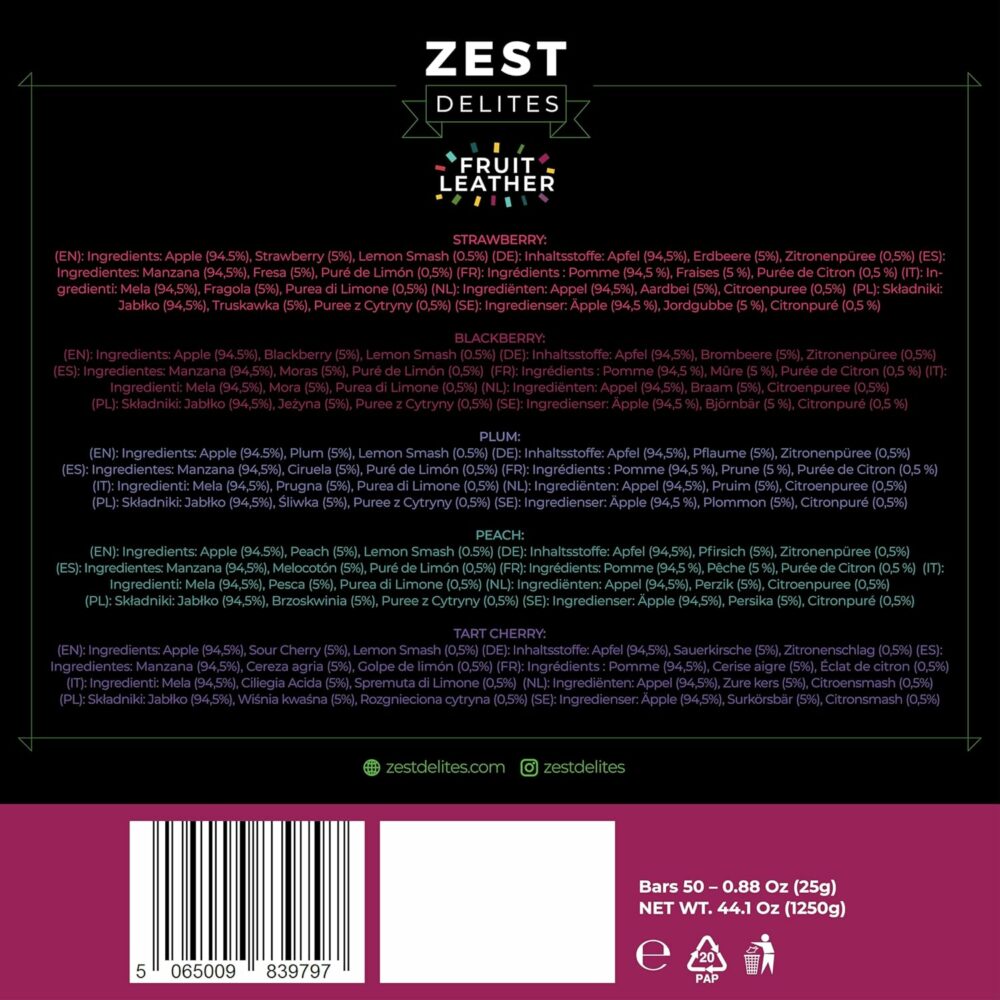 【Flash Sale】Fruit Snacks by Zest Delites, Dried Fruit Leather Bars, Healthy Snacks for Adults, Vegan, Healthy Sweets, Apple-Based Blackberry, Strawberry, Peach, Tart Cherry, Plum, 25g x 50 - Image 8