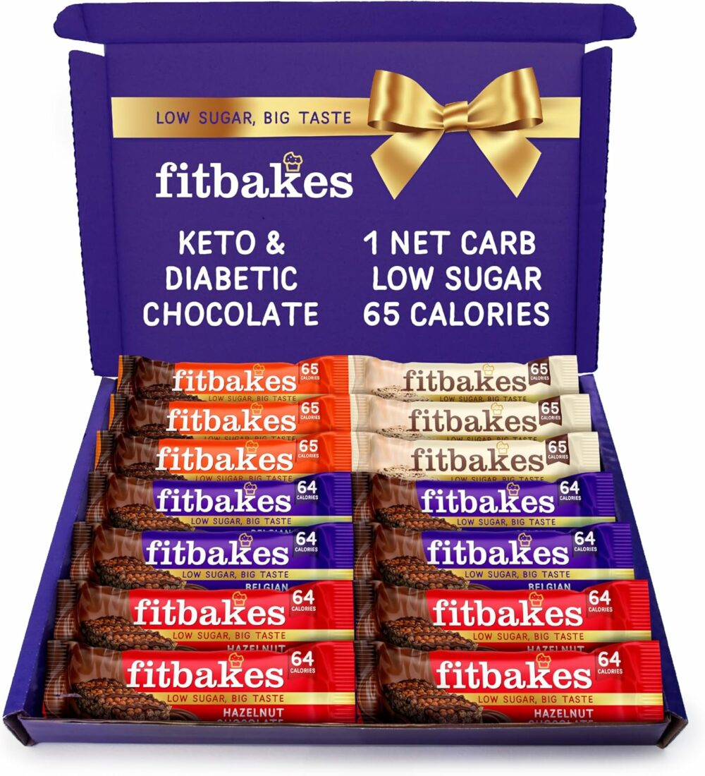 【Flash Sale】Fitbakes Gifts Diabetic Chocolate Gift Box (14x19g) Crunchy Mini Chocolate Keto Snack Bars, Sweet Diabetic Biscuit Food Treats Hamper, 65 Calories, Low Calorie Snack For Women & Men, Fit Bake