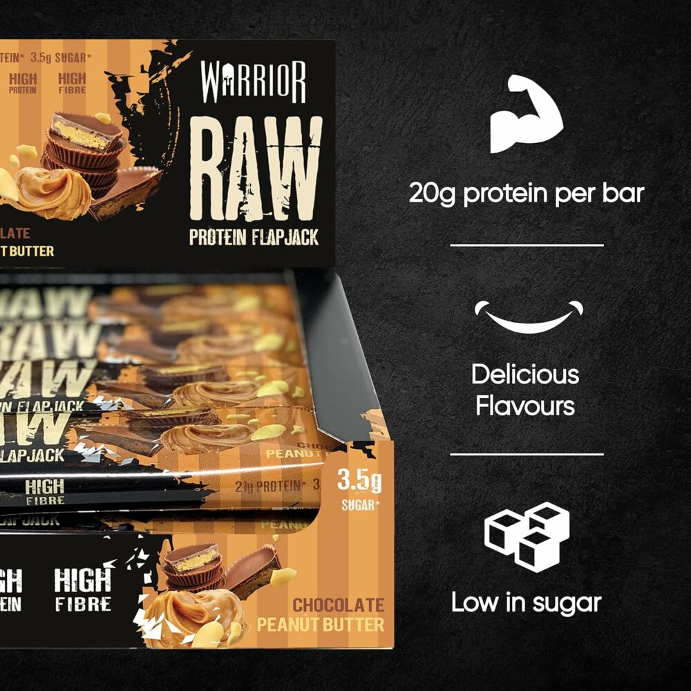 【Flash Sale】Warrior Raw Protein Flapjacks – 12 Bars x 75g Each – Packed with 20g of Protein – Low Sugar, High in Fibre (Chocolate Peanut Butter) - Image 3