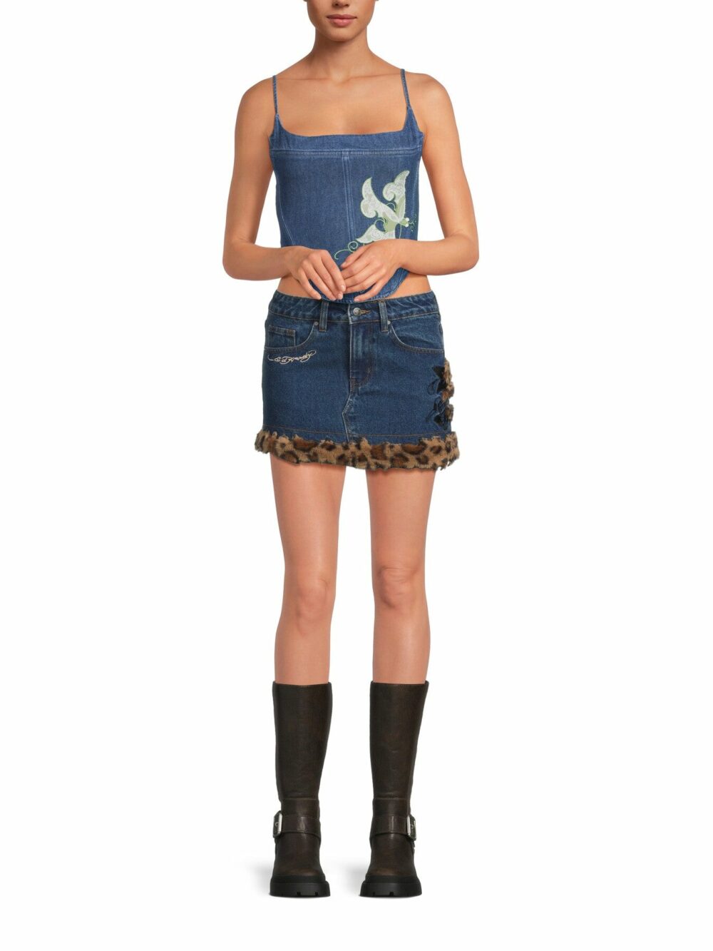 Leo Fur Trim Denim Mini Skirt - Image 3