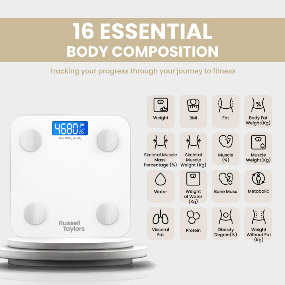 Russell Taylors Bluetooth Body Fat Weighing Scale BWS-10 | 16 Key Body Metrics | Track Progress with OKOK App | Max Weight 180kg | High-Strength Tempered Glass | 2-Year Warranty|Ship from Selangor - Image 3