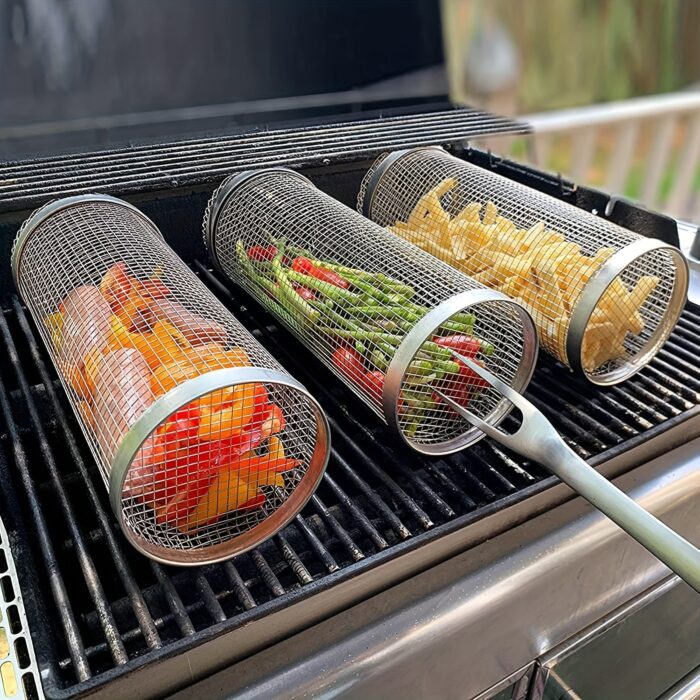 3pcs (Grill Cage + Grill Fork + Hook) Boxed Stainless Steel BBQ Grill Set, Portable Outdoor Barbecue Basket, Round Fire Pit Cooking Rack, Multipurpose Camping Grill Accessory