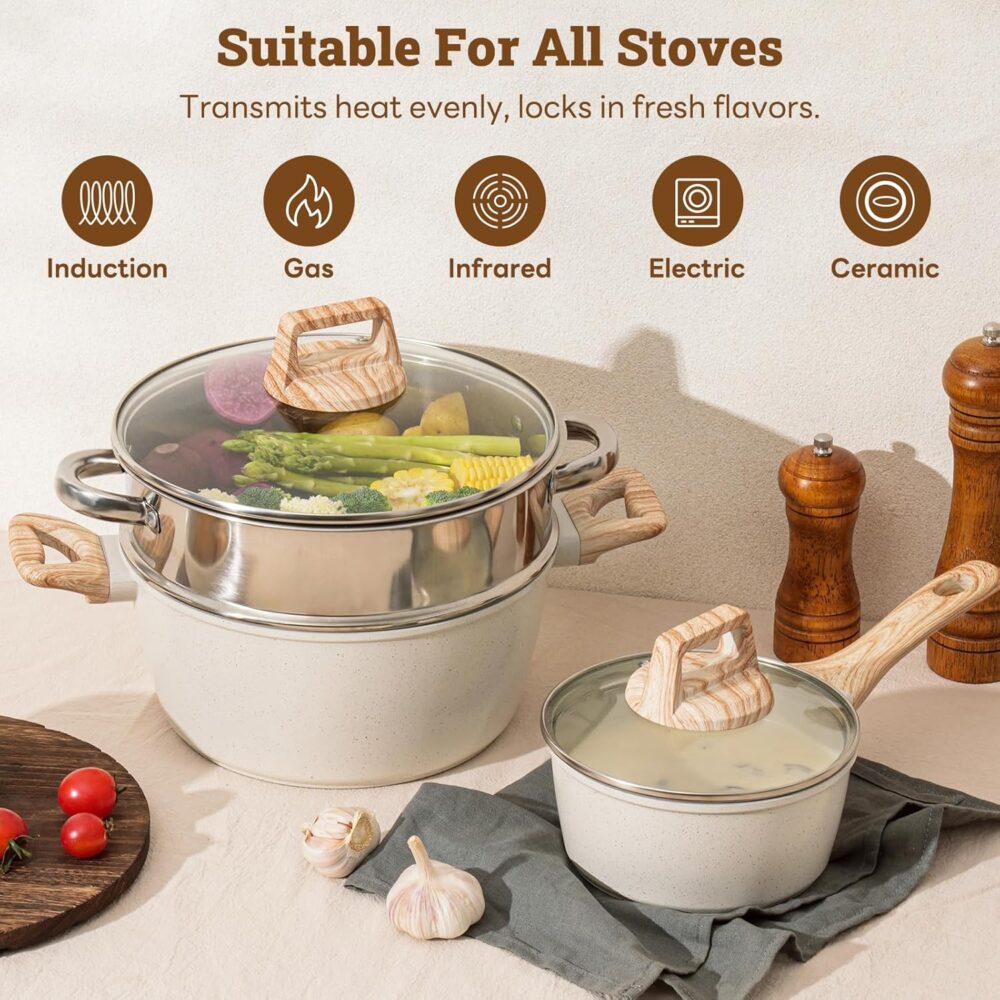 17 Pcs Pots and Pans Set Non stick .Cookware Sets White Granite Induction Cookware. Non-toxic Healthy Non Stick Kitchen Cooking Set with Frying Pans Set. Saucepans (PFAS. PFOA. PFOS Free) Ship from Kuala Lumpur ⚡ Flash Sale Hot Deals! – Limited to 100 units – Only 69 left! Enjoy bonus rewards under the Malaysia-issued American Express (Amex) Credit Card Program. Each person can only purchase one. - Image 5