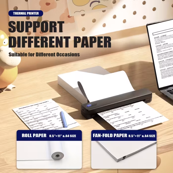Portable A4 Wireless Thermal Printer – No Ink, USB Rechargeable, Compatible with iOS & Android