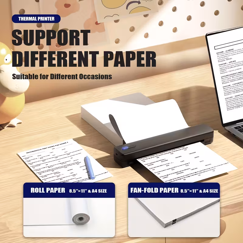 Portable A4 Wireless Thermal Printer – No Ink, USB Rechargeable, Compatible with iOS & Android