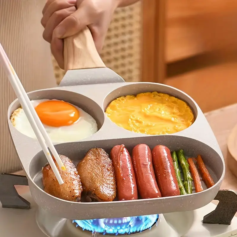 1pc Household Maifanshi 4-Compartment Non-Stick Aluminum Frying Pan with Wooden Handle - Multi-Use Breakfast Eggs, Hamburgers, Steaks & Shrimp Cookware, Even Heat Distribution, Easy Clean, Multicompartment Cooker | Ergonomic Kitchenware | Easyclean Surface