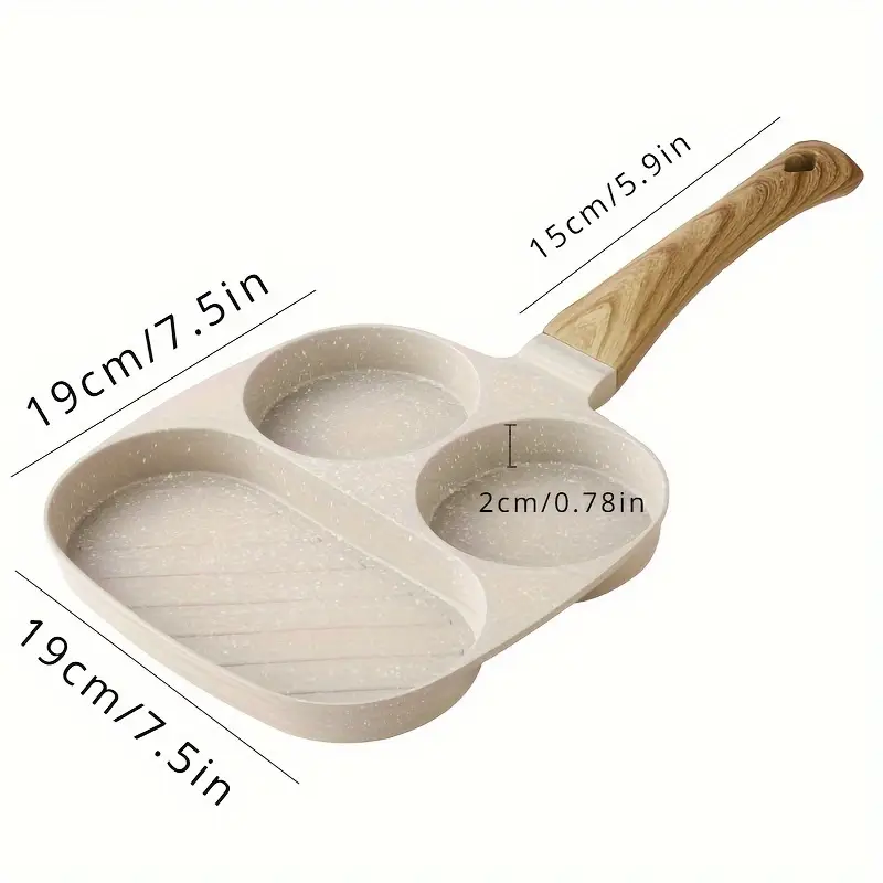 1pc Household Maifanshi 4-Compartment Non-Stick Aluminum Frying Pan with Wooden Handle - Multi-Use Breakfast Eggs, Hamburgers, Steaks & Shrimp Cookware, Even Heat Distribution, Easy Clean, Multicompartment Cooker | Ergonomic Kitchenware | Easyclean Surface