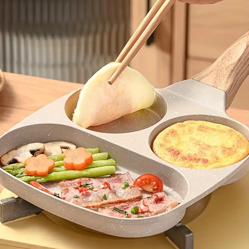 1pc Household Maifanshi 4-Compartment Non-Stick Aluminum Frying Pan with Wooden Handle - Multi-Use Breakfast Eggs, Hamburgers, Steaks & Shrimp Cookware, Even Heat Distribution, Easy Clean, Multicompartment Cooker | Ergonomic Kitchenware | Easyclean Surface