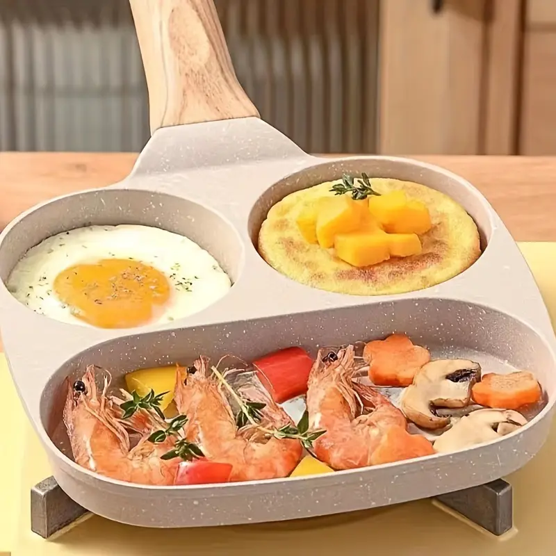1pc Household Maifanshi 4-Compartment Non-Stick Aluminum Frying Pan with Wooden Handle - Multi-Use Breakfast Eggs, Hamburgers, Steaks & Shrimp Cookware, Even Heat Distribution, Easy Clean, Multicompartment Cooker | Ergonomic Kitchenware | Easyclean Surface